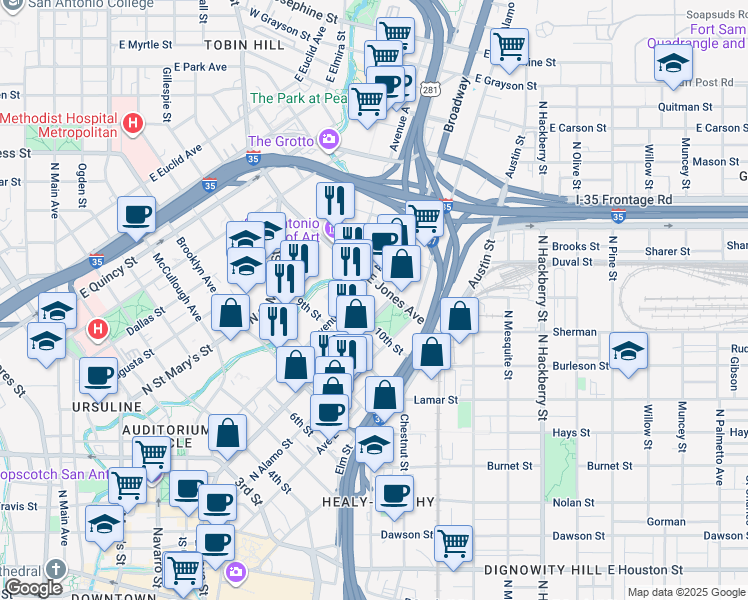 map of restaurants, bars, coffee shops, grocery stores, and more near 298 10th Street in San Antonio