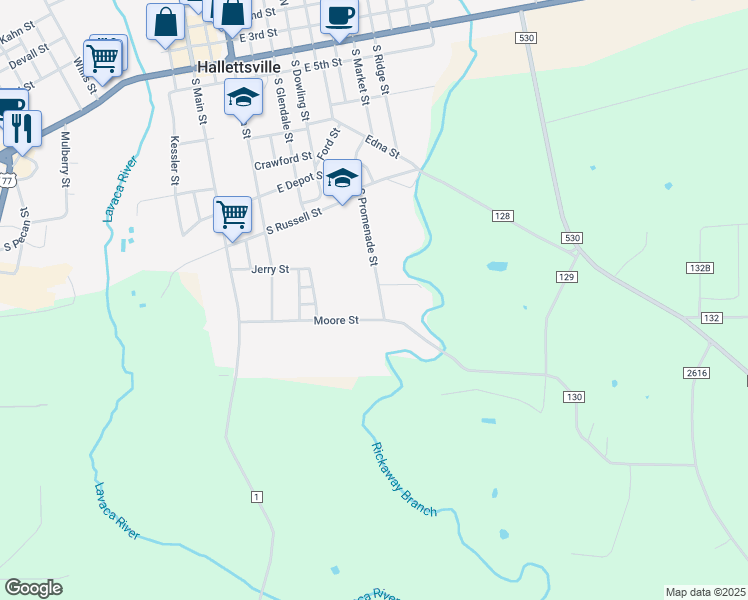 map of restaurants, bars, coffee shops, grocery stores, and more near 415 Moore Street in Hallettsville
