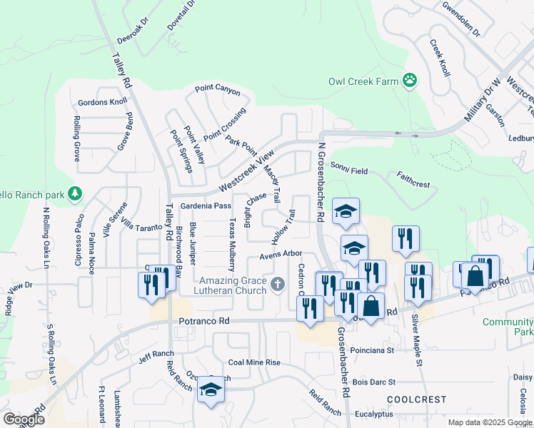 map of restaurants, bars, coffee shops, grocery stores, and more near 208 Quartz Bend in San Antonio