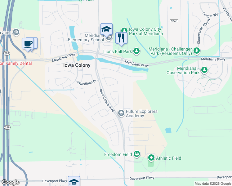 map of restaurants, bars, coffee shops, grocery stores, and more near 3906 Drake Street in Iowa Colony