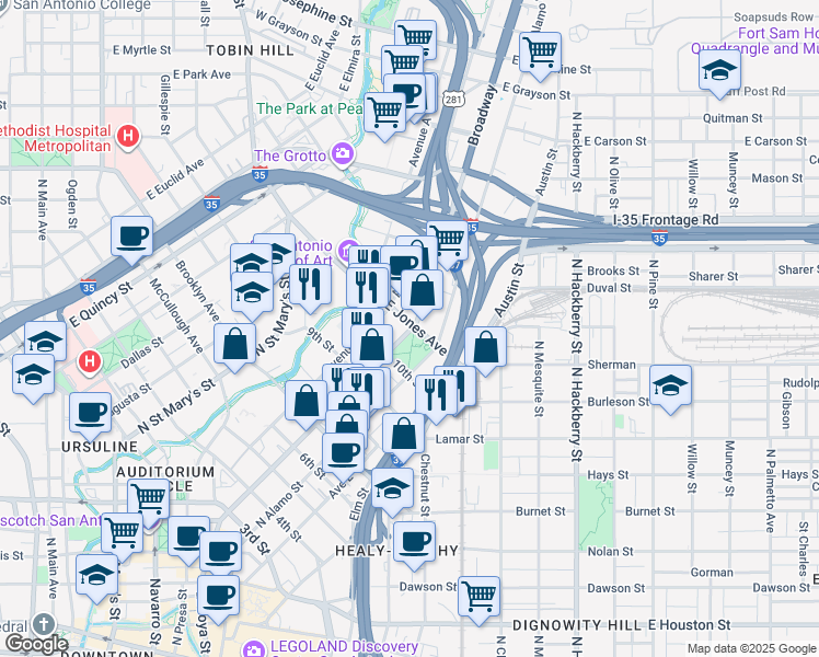 map of restaurants, bars, coffee shops, grocery stores, and more near 1000 Broadway in San Antonio