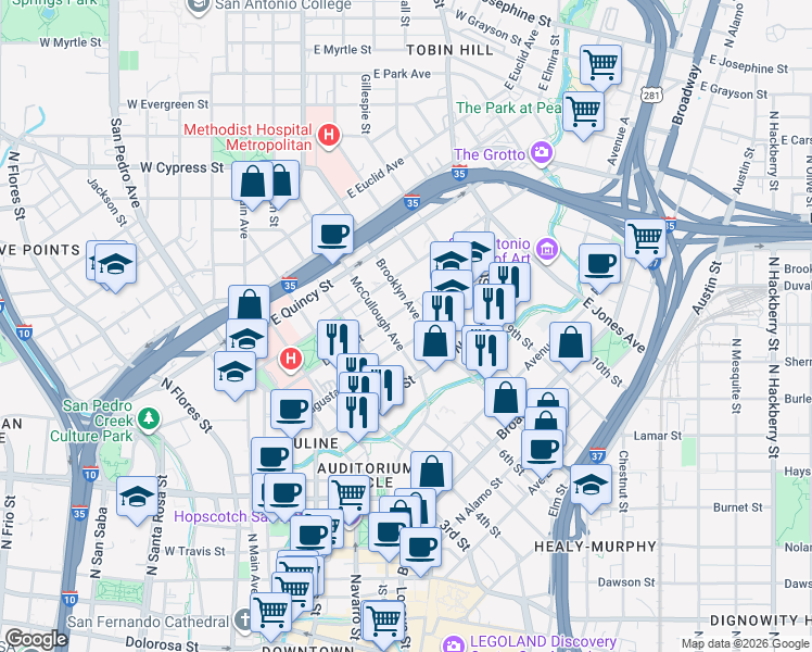 map of restaurants, bars, coffee shops, grocery stores, and more near 719 Augusta Street in San Antonio