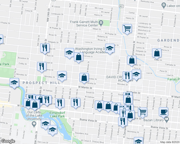 map of restaurants, bars, coffee shops, grocery stores, and more near 2626 Perez Street in San Antonio