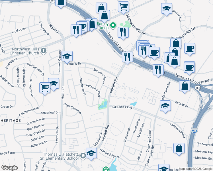 map of restaurants, bars, coffee shops, grocery stores, and more near 415 Orchard Willow in San Antonio