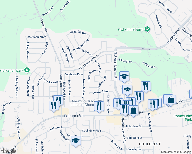 map of restaurants, bars, coffee shops, grocery stores, and more near 208 Quartz Bend in San Antonio