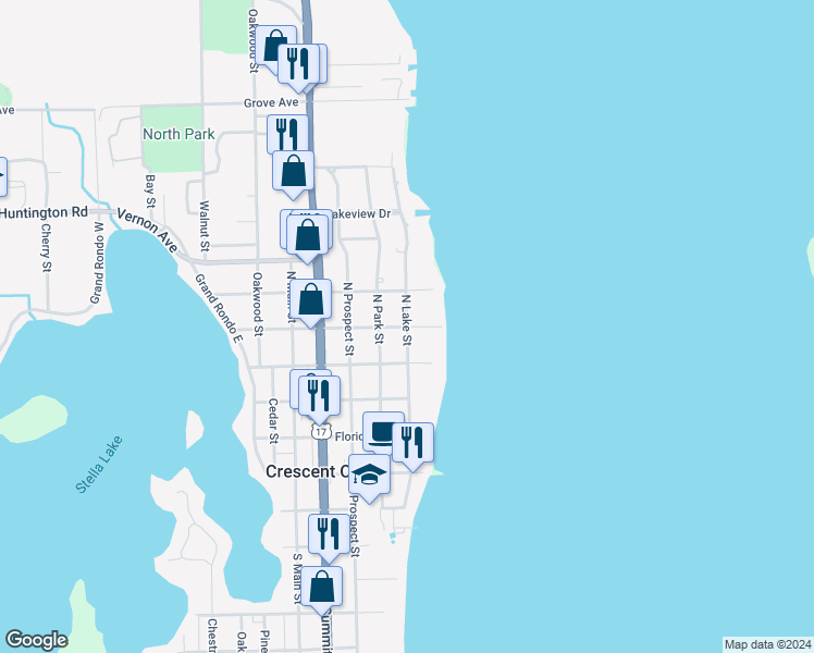 map of restaurants, bars, coffee shops, grocery stores, and more near 401 North Lake Street in Crescent City