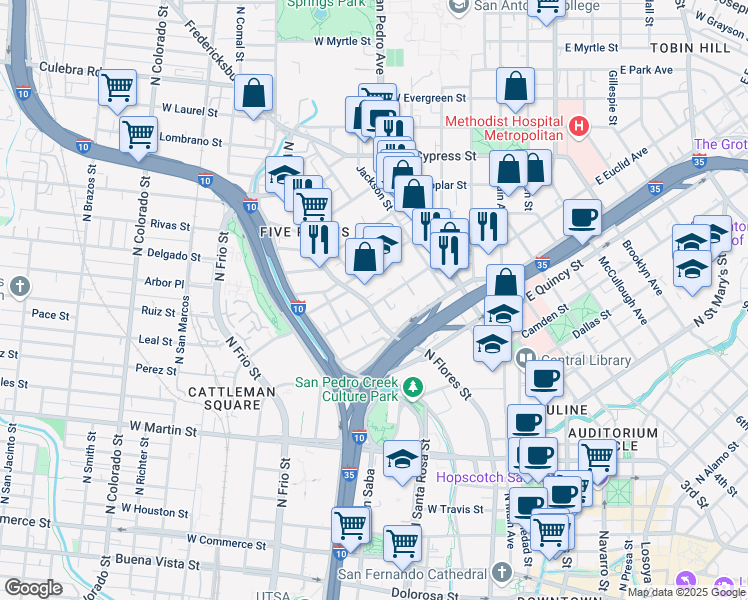 map of restaurants, bars, coffee shops, grocery stores, and more near 621 West Euclid Avenue in San Antonio