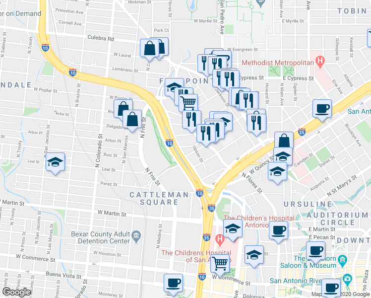 map of restaurants, bars, coffee shops, grocery stores, and more near 1111 North Flores Street in San Antonio