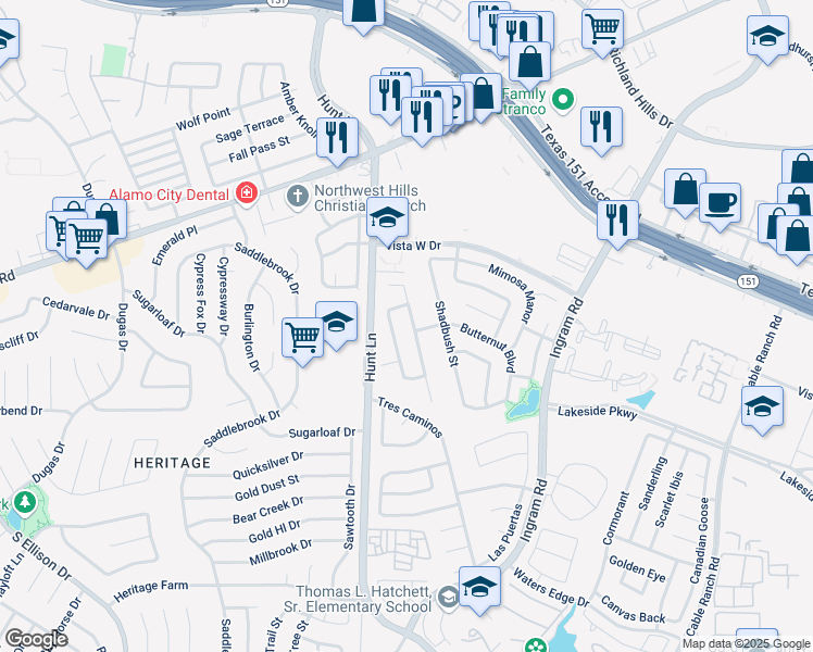 map of restaurants, bars, coffee shops, grocery stores, and more near 226 Spruce Breeze in San Antonio