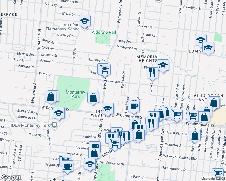 map of restaurants, bars, coffee shops, grocery stores, and more near 346 Precious Street in San Antonio