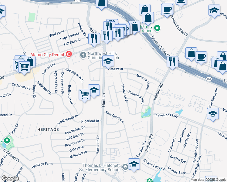 map of restaurants, bars, coffee shops, grocery stores, and more near 226 Spruce Breeze in San Antonio