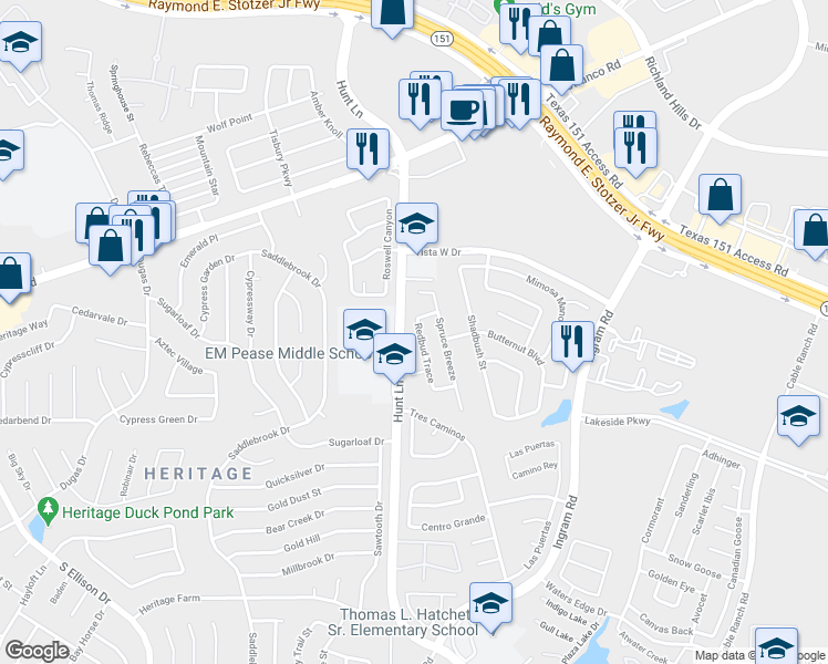 map of restaurants, bars, coffee shops, grocery stores, and more near 315 Redbud Trace in San Antonio