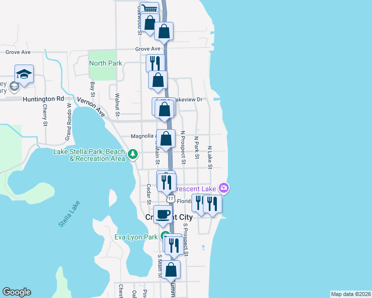 map of restaurants, bars, coffee shops, grocery stores, and more near 212 Palmetto Avenue in Crescent City