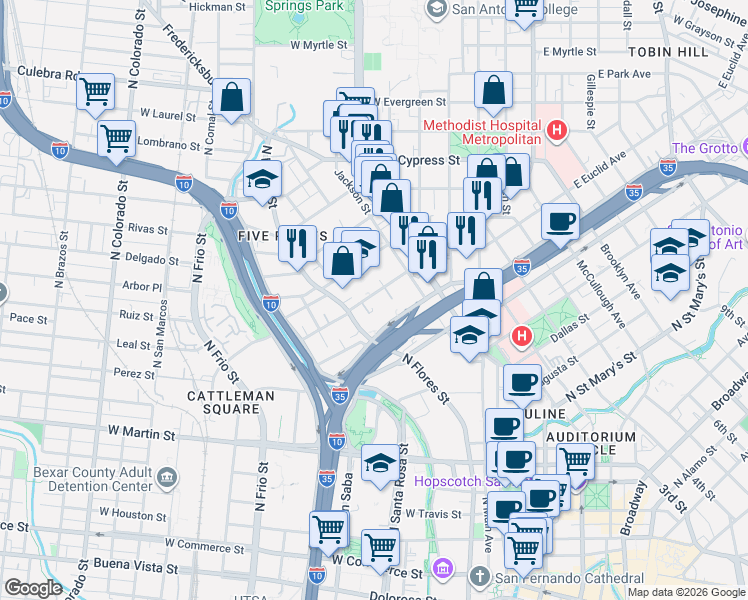 map of restaurants, bars, coffee shops, grocery stores, and more near 621 West Euclid Avenue in San Antonio