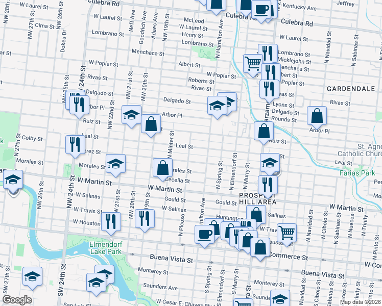 map of restaurants, bars, coffee shops, grocery stores, and more near 1835 Leal Street in San Antonio