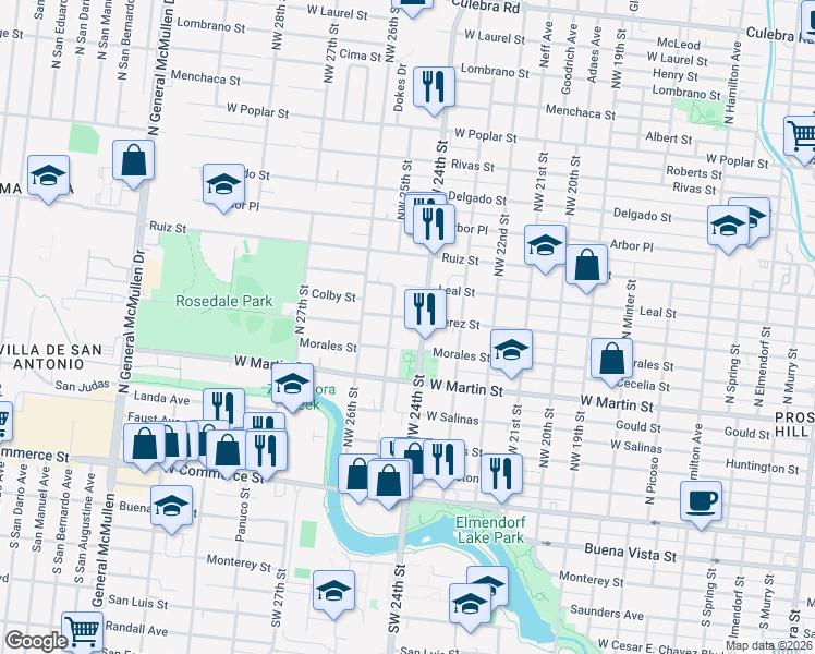 map of restaurants, bars, coffee shops, grocery stores, and more near 3317 Perez Street in San Antonio