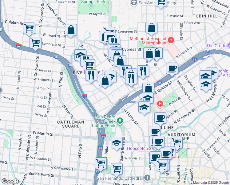 map of restaurants, bars, coffee shops, grocery stores, and more near 621 West Euclid Avenue in San Antonio