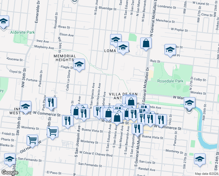 map of restaurants, bars, coffee shops, grocery stores, and more near 248 North San Gabriel Avenue in San Antonio