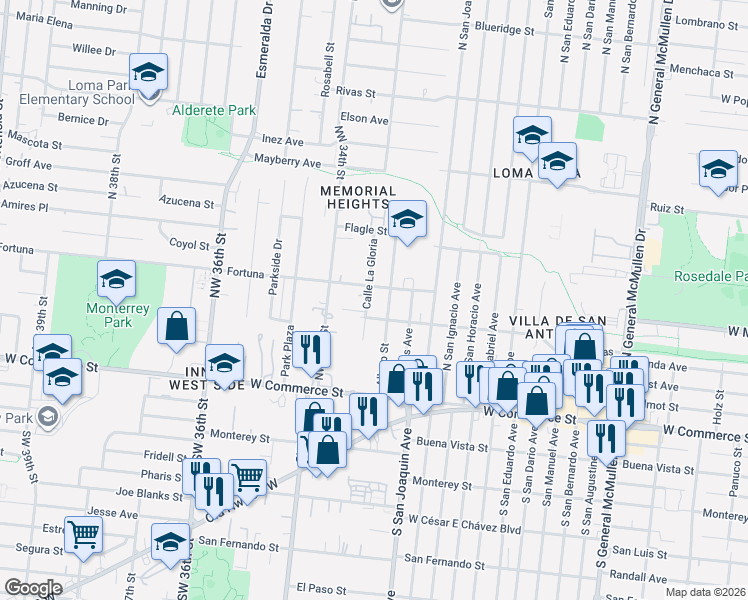 map of restaurants, bars, coffee shops, grocery stores, and more near 303 Calle La Gloria in San Antonio