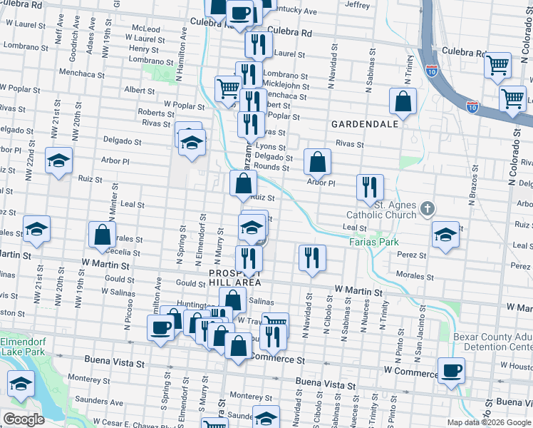 map of restaurants, bars, coffee shops, grocery stores, and more near 1218 Ruiz Street in San Antonio
