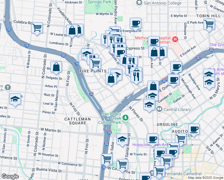 map of restaurants, bars, coffee shops, grocery stores, and more near 522 Marshall Street in San Antonio