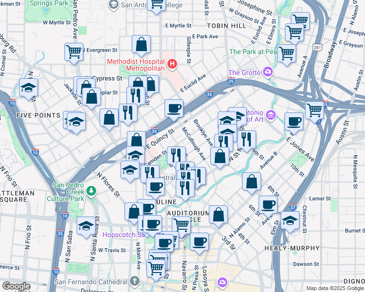 map of restaurants, bars, coffee shops, grocery stores, and more near 515 Camden Street in San Antonio
