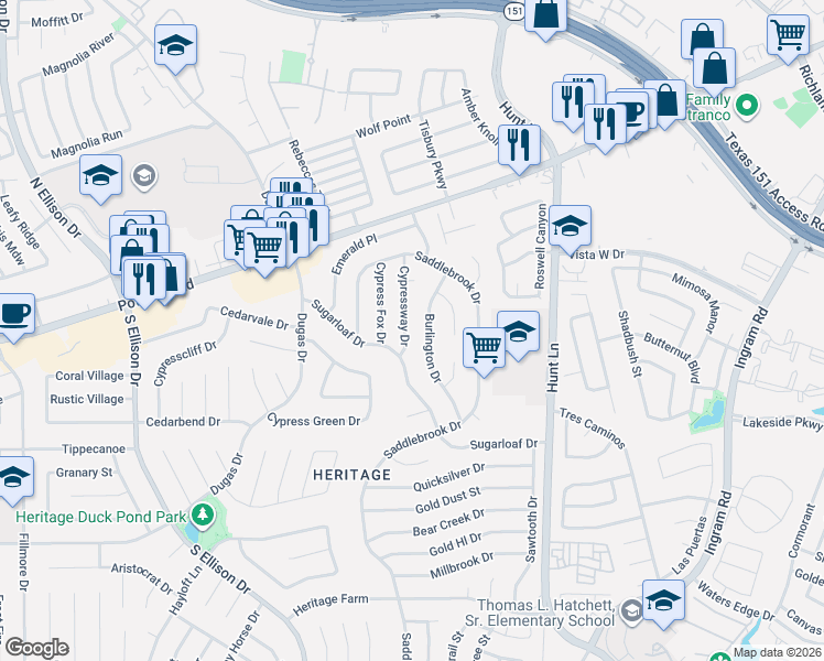map of restaurants, bars, coffee shops, grocery stores, and more near 347 Cypressway Drive in San Antonio