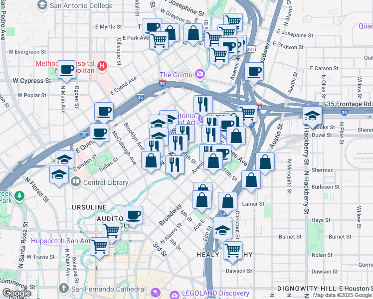 map of restaurants, bars, coffee shops, grocery stores, and more near 218 Arden Grove Street in San Antonio