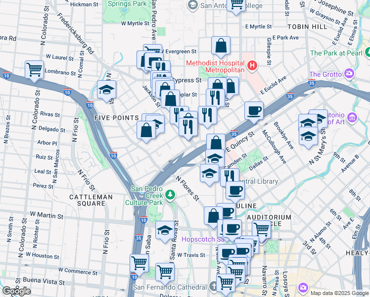 map of restaurants, bars, coffee shops, grocery stores, and more near in San Antonio