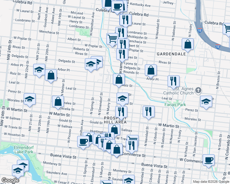 map of restaurants, bars, coffee shops, grocery stores, and more near in San Antonio