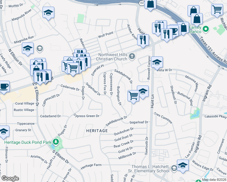 map of restaurants, bars, coffee shops, grocery stores, and more near 347 Cypressway Drive in San Antonio