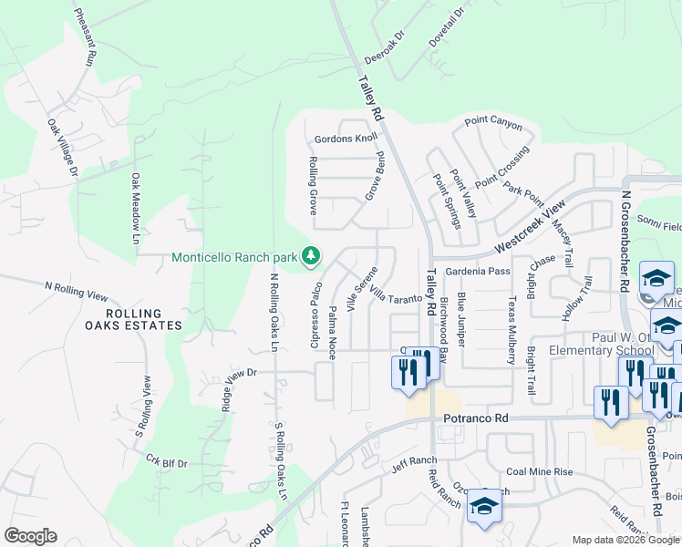 map of restaurants, bars, coffee shops, grocery stores, and more near 13102 Cipresso Palco in San Antonio