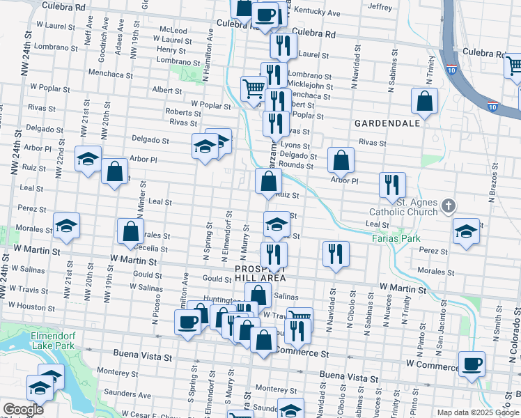 map of restaurants, bars, coffee shops, grocery stores, and more near in San Antonio
