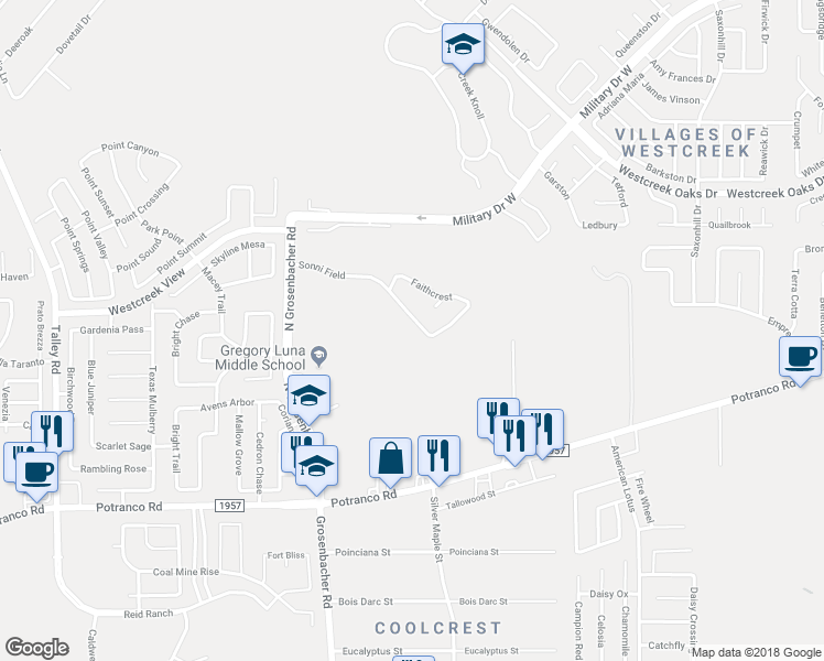 map of restaurants, bars, coffee shops, grocery stores, and more near 12122 Sonni Field in San Antonio