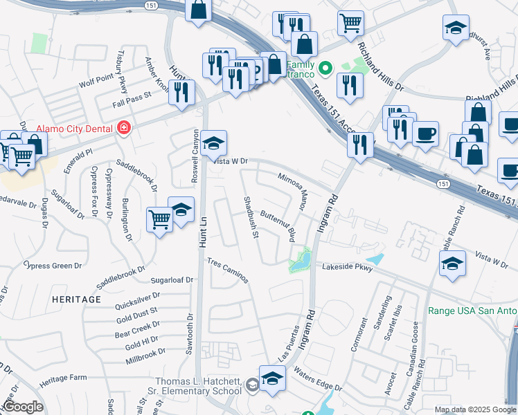 map of restaurants, bars, coffee shops, grocery stores, and more near 9142 Malabar Canyon in San Antonio