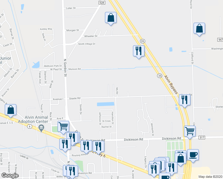 map of restaurants, bars, coffee shops, grocery stores, and more near 775 Steele Road in Alvin