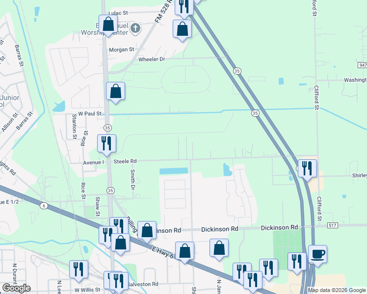 map of restaurants, bars, coffee shops, grocery stores, and more near 775 Steele Road in Alvin