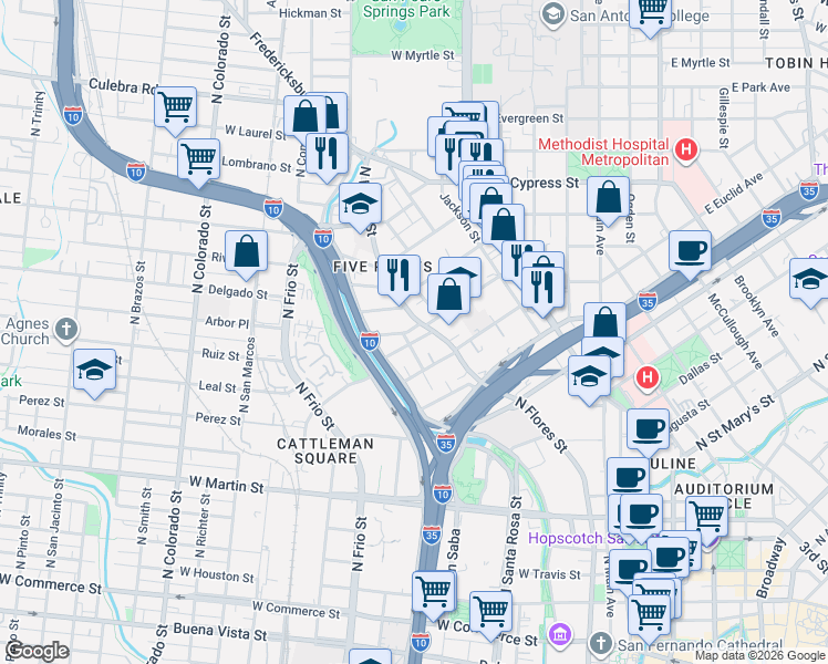 map of restaurants, bars, coffee shops, grocery stores, and more near 1111 North Flores Street in San Antonio