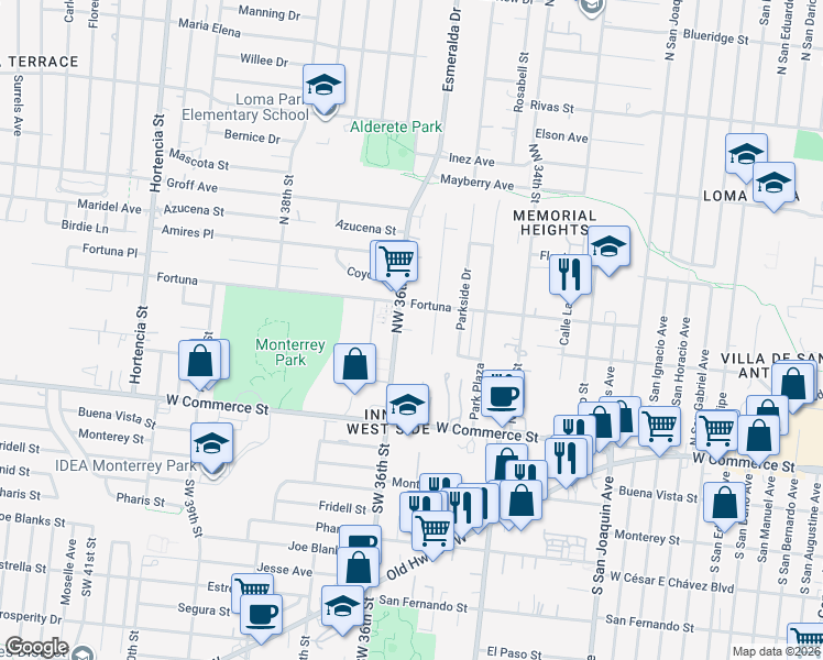 map of restaurants, bars, coffee shops, grocery stores, and more near 246 Northwest 36th Street in San Antonio