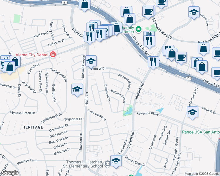 map of restaurants, bars, coffee shops, grocery stores, and more near 9142 Malabar Canyon in San Antonio