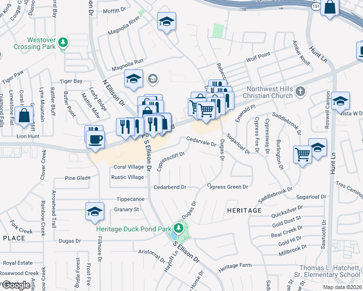 map of restaurants, bars, coffee shops, grocery stores, and more near 606 Heritage Way in San Antonio