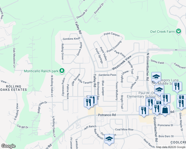 map of restaurants, bars, coffee shops, grocery stores, and more near 334 Prato Brezza in San Antonio