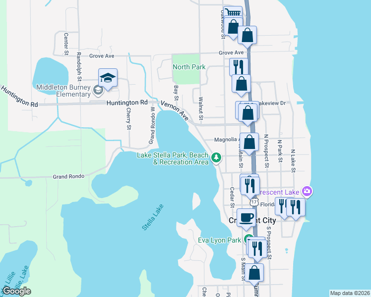 map of restaurants, bars, coffee shops, grocery stores, and more near 404 Grand Rondo East in Crescent City