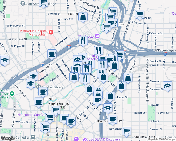 map of restaurants, bars, coffee shops, grocery stores, and more near 218 Arden Grove Street in San Antonio
