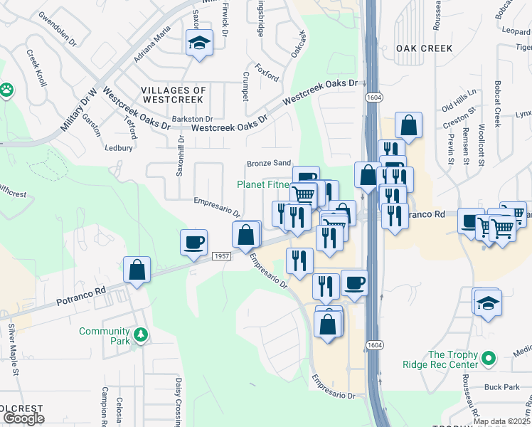 map of restaurants, bars, coffee shops, grocery stores, and more near 334 Winters Edge in San Antonio