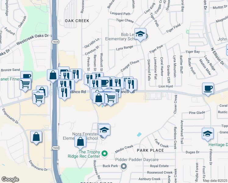 map of restaurants, bars, coffee shops, grocery stores, and more near 10718 Potranco Road in San Antonio