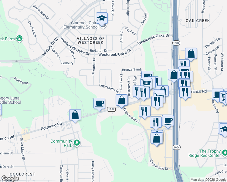 map of restaurants, bars, coffee shops, grocery stores, and more near 419 Terra Cotta in San Antonio