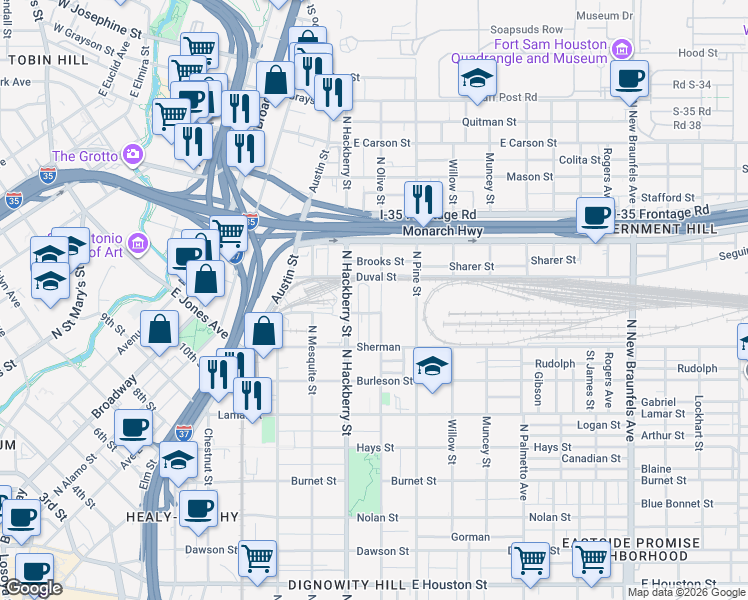 map of restaurants, bars, coffee shops, grocery stores, and more near 1319 North Olive Street in San Antonio