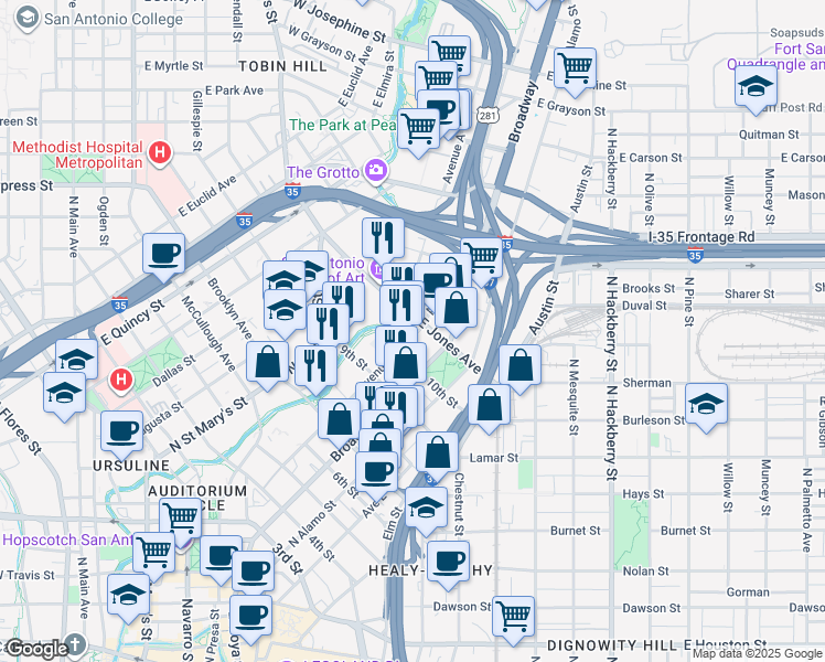 map of restaurants, bars, coffee shops, grocery stores, and more near 1033 Avenue B in San Antonio