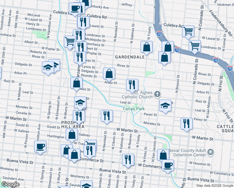 map of restaurants, bars, coffee shops, grocery stores, and more near 1025 Ruiz Street in San Antonio